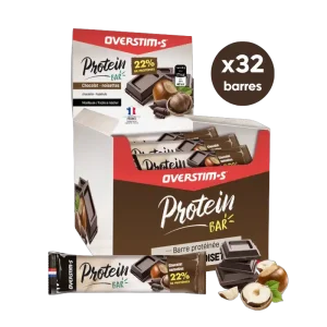 CARTON DE 32 BARRES PROTEINEES OVERSTIMS CHOCOLAT NOISETTES